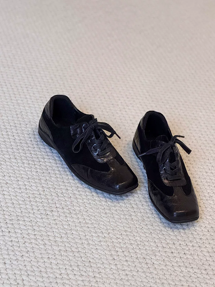 Phiên bản da bò ~ Giày tập luyện kiểu cổ điển bằng da thật phong cách retro dành cho nữ, giày thường ngày kiểu dáng cổ điển có dây buộc mũi vuông giúp thon gọn