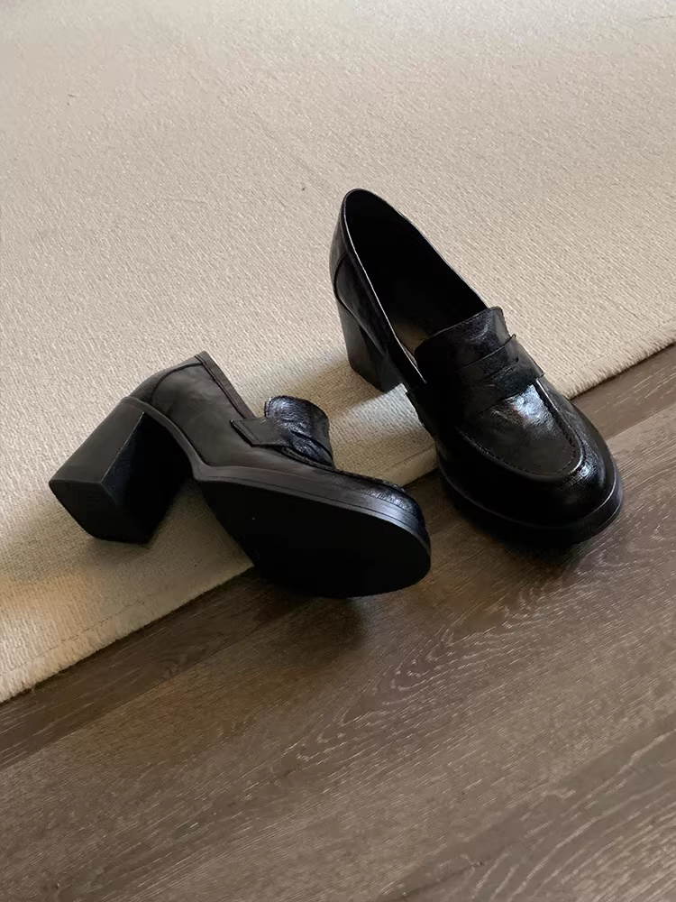 Phiên bản da cừu ~ Giày cao gót cổ điển đi làm dành cho nữ, giày lười da thật màu đen, giày da nhỏ kiểu Anh đơn giản