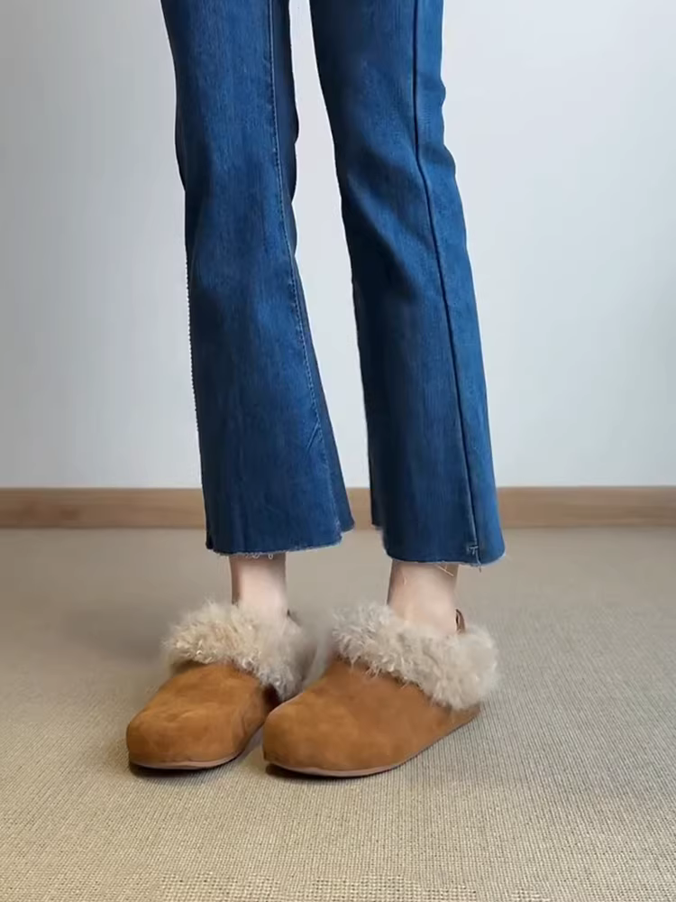 Phiên bản da cừu ~ Giày Birkenstock hai chiều, kiểu dáng cổ điển, chất liệu da lộn, đế dày, lót lông mềm mại, giày cotton thời trang, phong cách giản dị dành cho nữ.