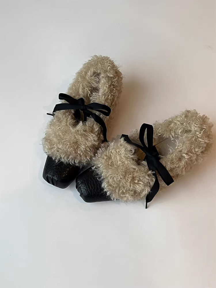 Phiên bản da cừu ~ Giày ba lê mũi vuông bằng da thật tích hợp len cừu dành cho nữ, buộc dây, miệng nông, tăng chiều cao, giày đế bằng thon gọn, giày cotton.