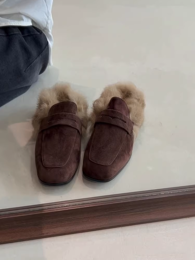 Phiên bản da bò ~ Giày lười mũi vuông kiểu dáng mới mùa thu đông Melard dành cho nữ, giày lông nhung sang trọng