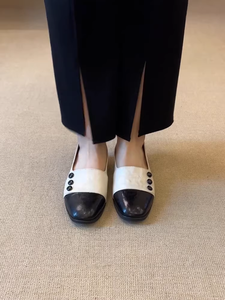 Phiên bản da cừu ~ Giày đế bằng đa năng phong cách Anh cho nữ, giày lười mũi vuông, giày da đi làm thoải mái