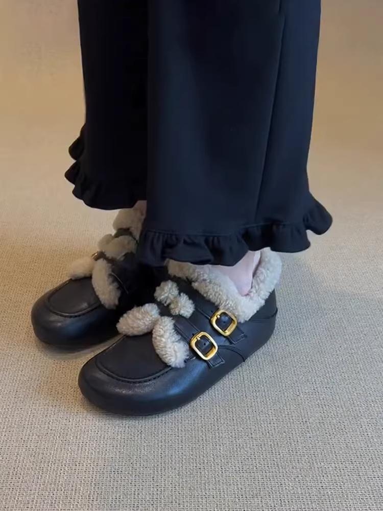 Phiên bản da cừu ~ Giày lông tăng chiều cao bên trong bằng da lộn cổ điển Maillard dành cho nữ, mũi tròn, dây đeo có khóa đôi, giày cotton lót lông cừu ấm áp.