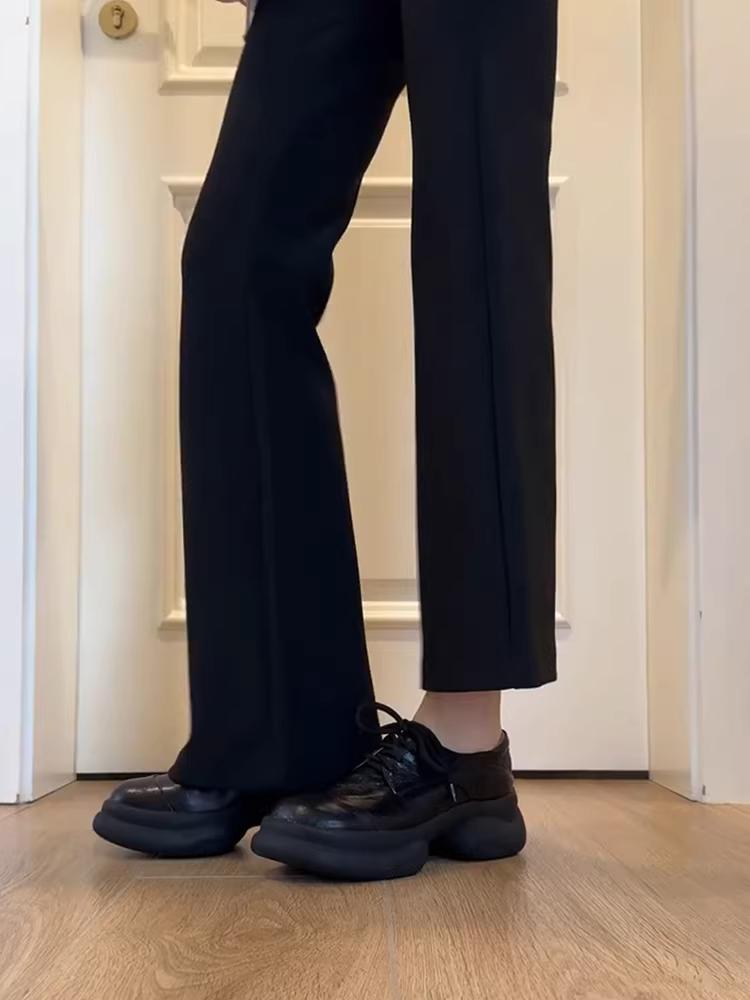 Phiên bản da bò ~ Giày lười buộc dây cổ sâu bằng da thật đế dày đơn giản dành cho phụ nữ nhỏ nhắn, giày da đế xuồng kiểu Pháp hợp thời trang.