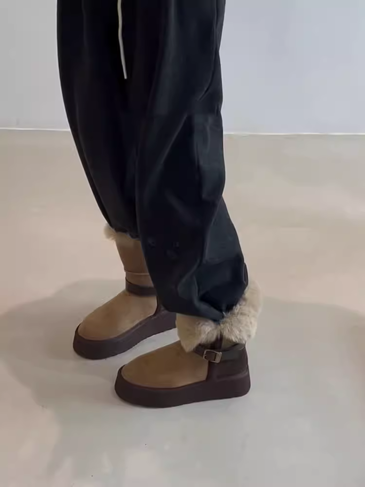Phiên bản da bò ~ Giày bốt đi tuyết đế dày tăng chiều cao dành cho phụ nữ nhỏ nhắn, lót lông cừu, có thể mang hai kiểu, có khóa thắt lưng, bốt cotton ngắn chống trơn trượt