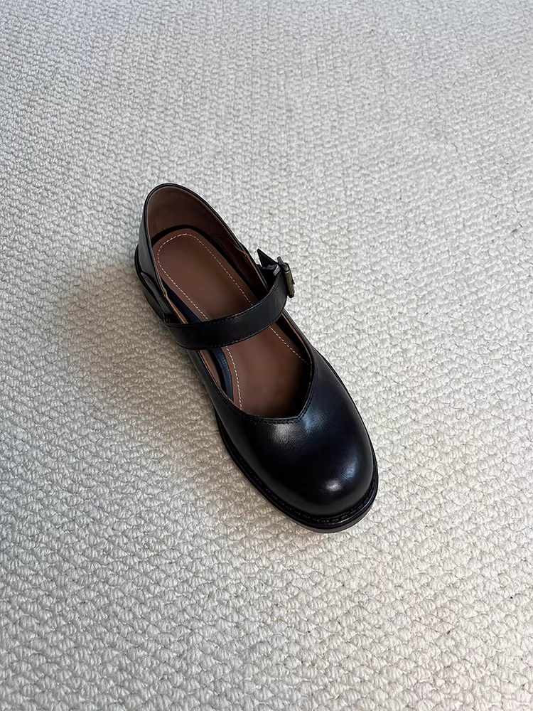 Phiên bản da cừu ~ Giày nữ đế dày bằng da thật, giày da nhỏ kiểu Anh cổ điển, mũi tròn, gót dày, giày Mary Jane có quai đơn.