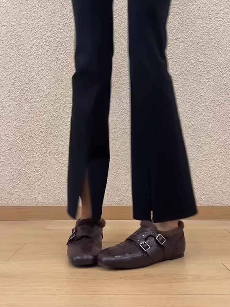 Phiên bản da cừu ~ Giày lười mũi vuông bằng da thật cổ điển dành cho nữ, giày đế bằng có lông khắc kiểu Anh