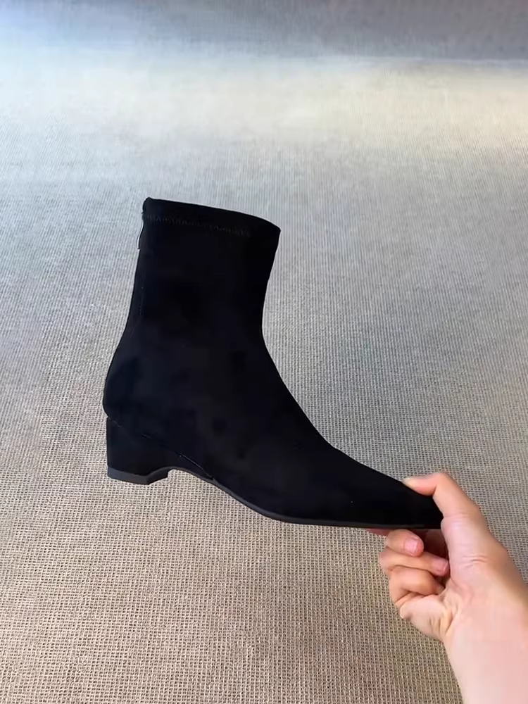 Phiên bản da bò ~ Giày bốt mỏng đi làm tối giản dành cho nữ, giày bốt da lộn cổ điển thon gọn mũi nhọn có dây kéo phía sau giày bốt thời trang