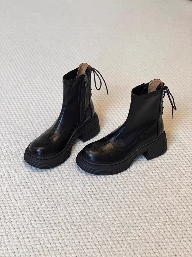 Phiên bản da bò~ Giày bốt Martin da thật có dây buộc kiểu Anh dành cho nữ, mũi tròn, khóa kéo bên hông, đế dày, gót dày, bốt ngắn đa năng
