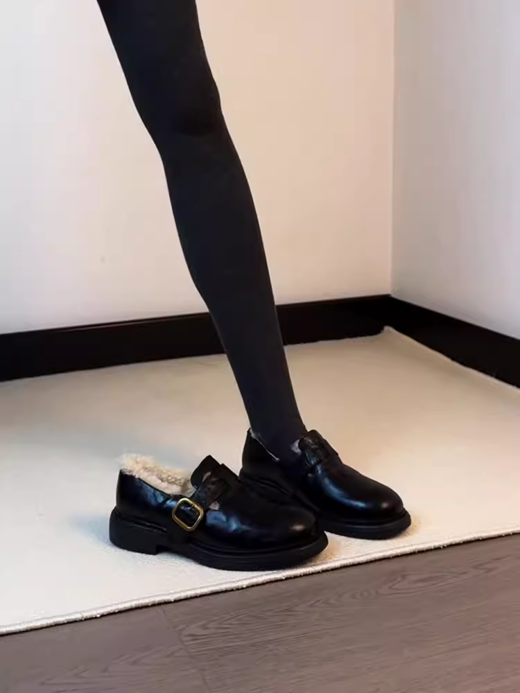 Phiên bản da cừu ~ Giày lười da thật đa năng dành cho nữ có khóa thắt lưng, gót thấp, lót lông cừu, thích hợp cho mùa thu đông, giày da nhỏ mặc ngoài trời.