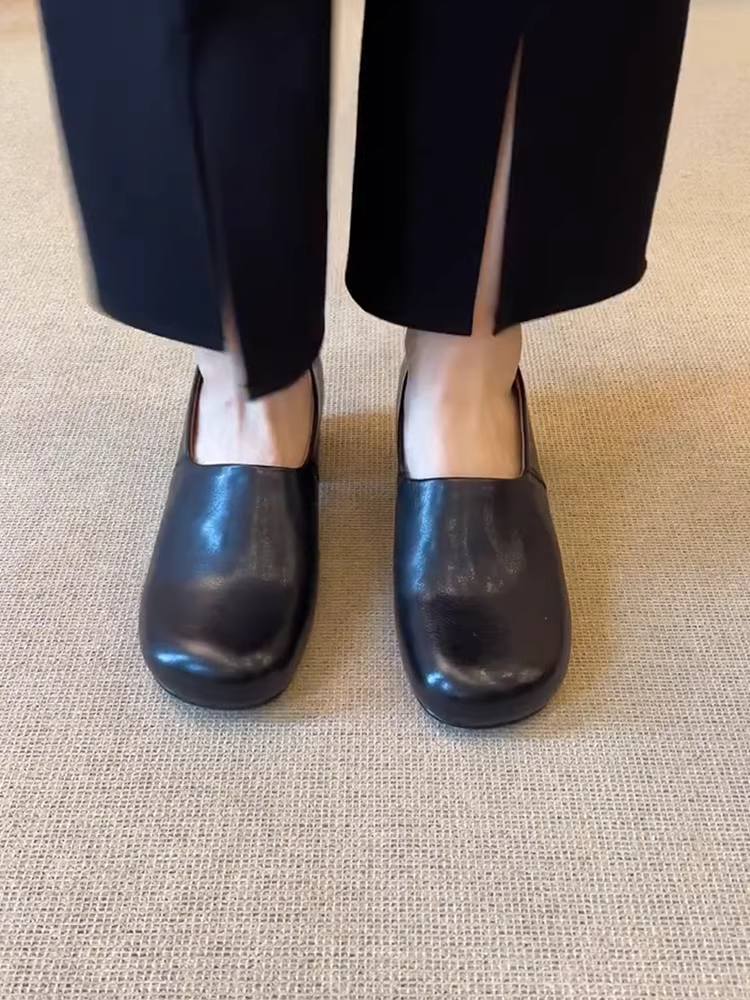 Phiên bản da bò~giày lười đi làm bằng da thật kiểu dáng đơn giản dành cho nữ, thời trang, giản dị, đa năng, thoải mái, giày đơn gót dày