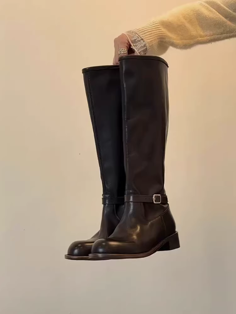 Phiên bản da bò ~ Giày bốt da thật cao cấp trên đầu gối dành cho nữ, phong cách Anh Pháp có khóa thắt lưng, giày bốt cưỡi ngựa mũi tròn thon gọn.