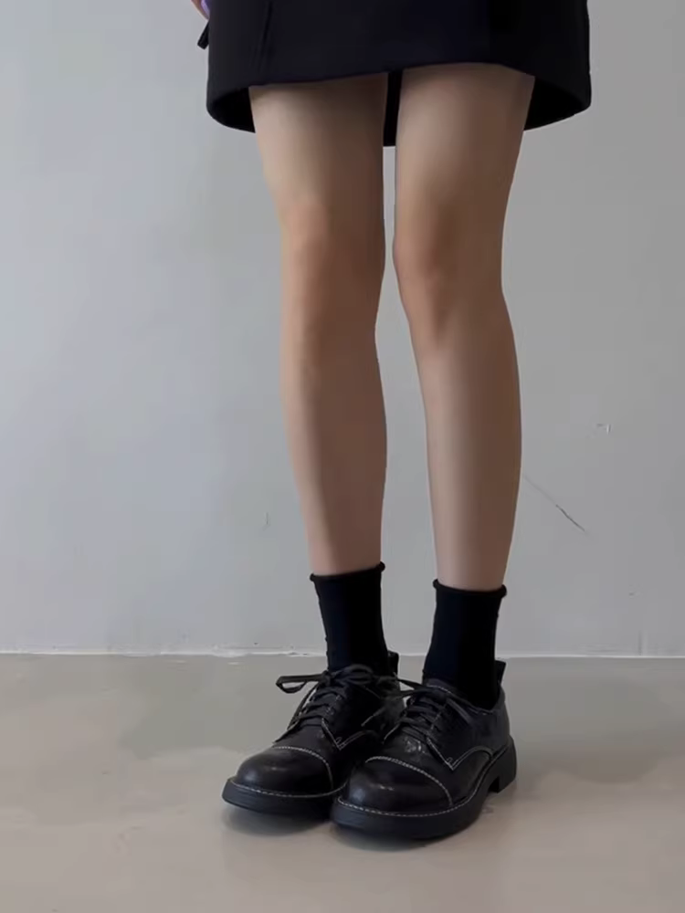 Phiên bản da bò ~ Giày lười da thật kiểu Anh có dây buộc, kiểu dáng độc đáo dành cho nữ, giày da đế dày đa năng màu đen phong cách sinh viên