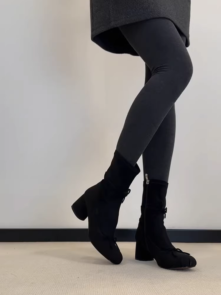 Phiên bản da bò ~ Giày bốt mỏng có dây kéo bên hông kiểu da lộn cổ điển dành cho nữ, mũi tròn, gót dày, giày co giãn thon gọn