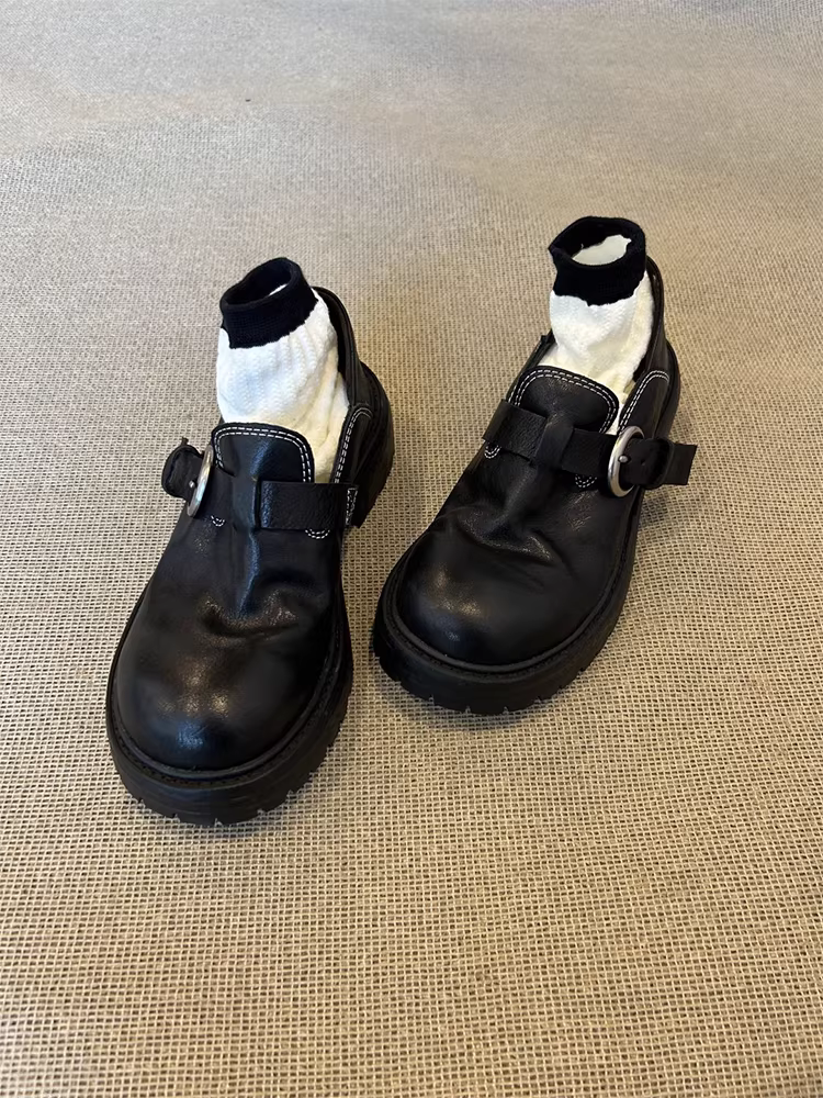 Phiên bản da cừu ~ Giày lười tăng chiều cao đế dày đa năng dành cho nữ, da thật cổ điển, mũi giày lớn, kiểu lười, gót dày, giày da nhỏ cắt sâu