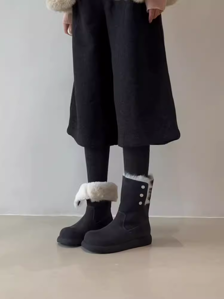 Phiên bản da bò ~ Giày bốt đi tuyết bằng da lộn dành cho nữ, bốt ngắn giữ ấm dày dặn mùa đông, kiểu dáng đa năng hai kiểu phối, bốt cotton đế dày thời trang, phong cách giản dị.