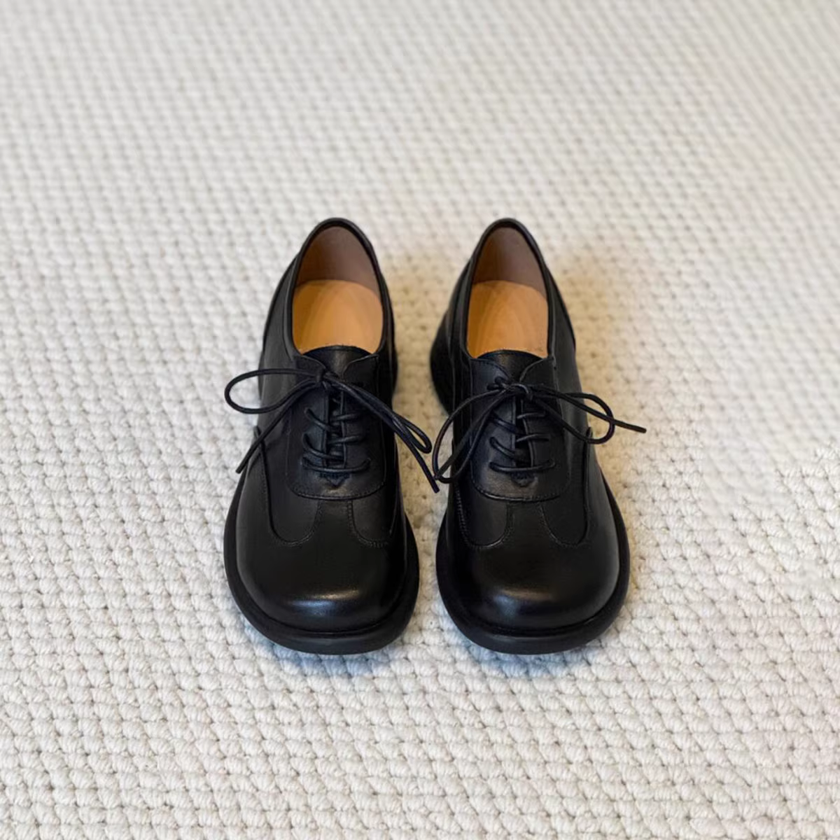 Phiên bản da cừu ~ Giày lười da thật màu đen, mũi tròn, đế dày, giày đơn buộc dây, phong cách Anh, giày da đế dày cổ điển kiểu retro dành cho nữ.