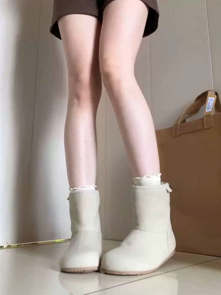 Phiên bản da bò~ Giày Birkenstock, giày đi tuyết đa năng bằng da thật kiểu cổ điển dành cho nữ, giày ngắn lót lông, giày lông dày dặn dễ thương và độc đáo.
