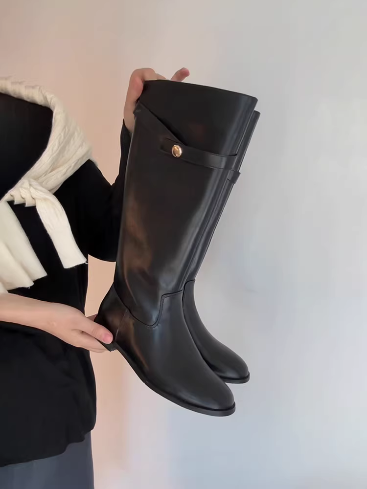 Phiên bản da bò ~ Giày bốt cao cổ da thật có khóa thắt lưng đa năng dành cho nữ, giày bốt cưỡi ngựa cao quá đầu gối màu đen cổ điển mũi tròn giúp thon gọn