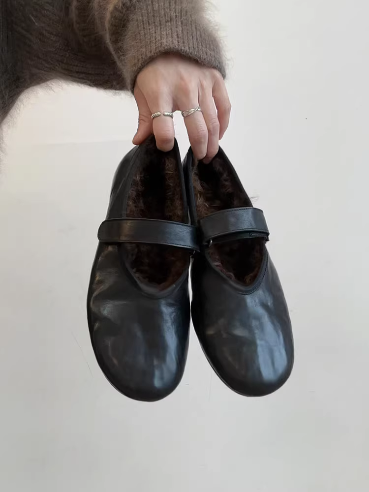 Phiên bản da cừu ~ Giày Mary Jane đế bằng đa năng phong cách Hàn Quốc, thoải mái, lót lông cừu dành cho nữ có khóa dán, mũi tròn nông, giày đơn giản
