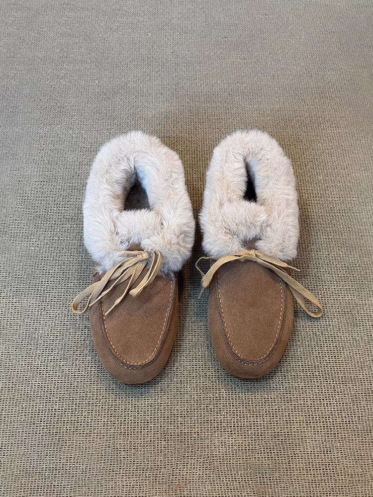 Phiên bản da cừu ~ Giày lông mềm mại mùa đông dành cho nữ có nơ, giày lười bằng da lộn đế bằng thoải mái và ấm áp