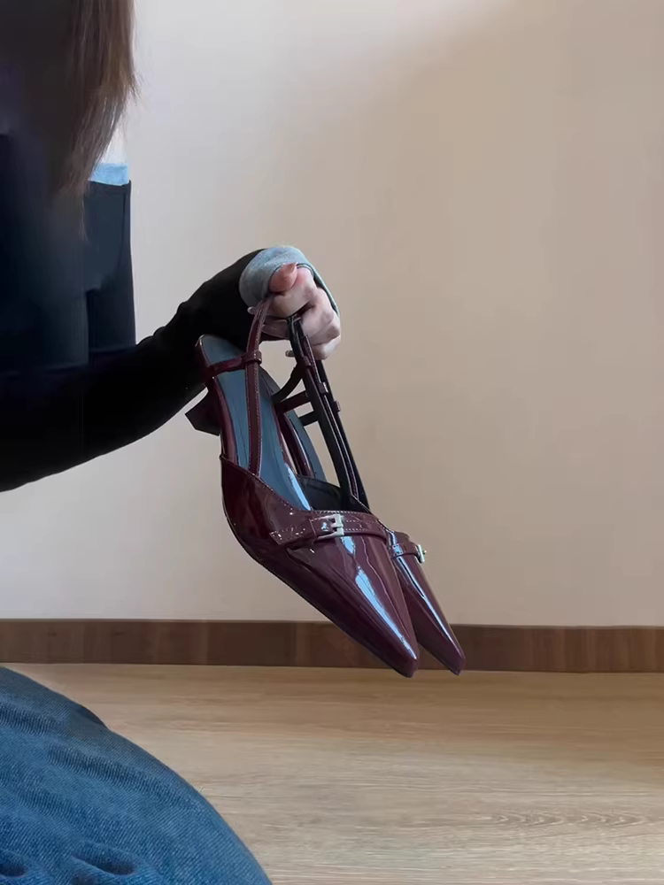 Phiên bản da cừu ~ Giày sandal da bóng không dây quai ngang kiểu Pháp thanh lịch dành cho nữ, giày mũi kín gót thấp màu đen đa năng