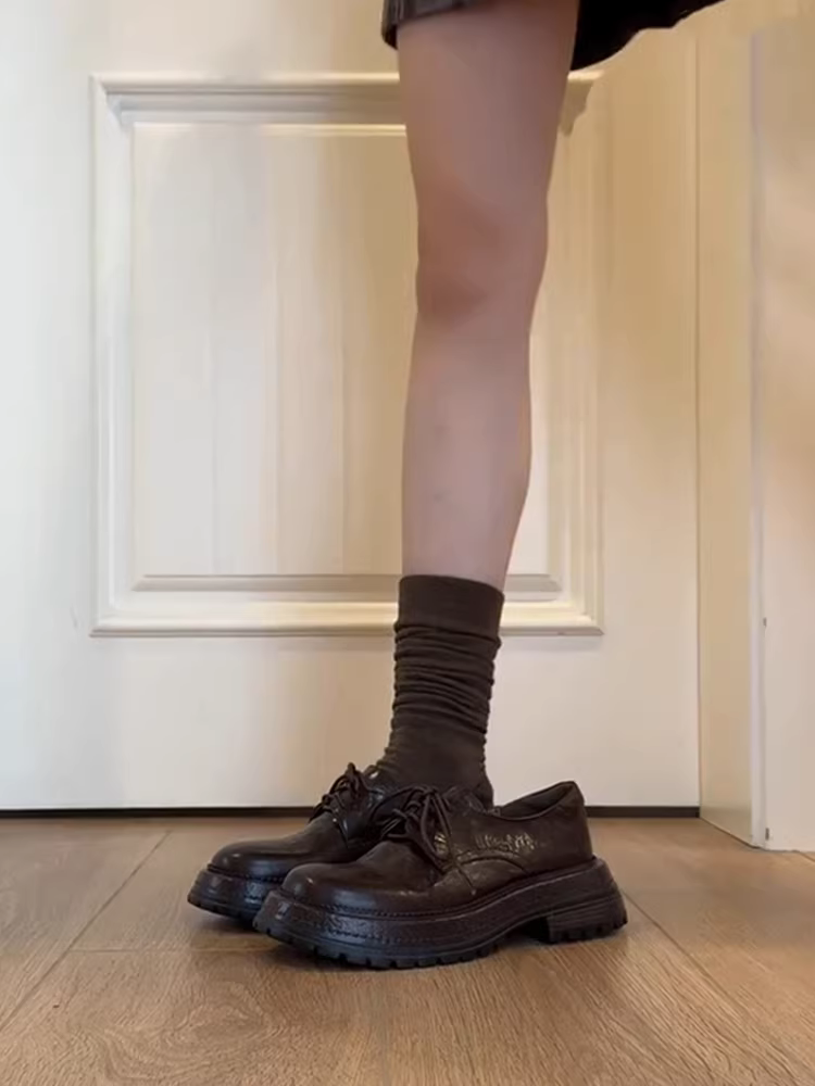 Phiên bản da cừu ~ Giày da nữ phong cách Anh quốc, đế dày, buộc dây, kiểu dáng cổ điển, da thật, đa năng