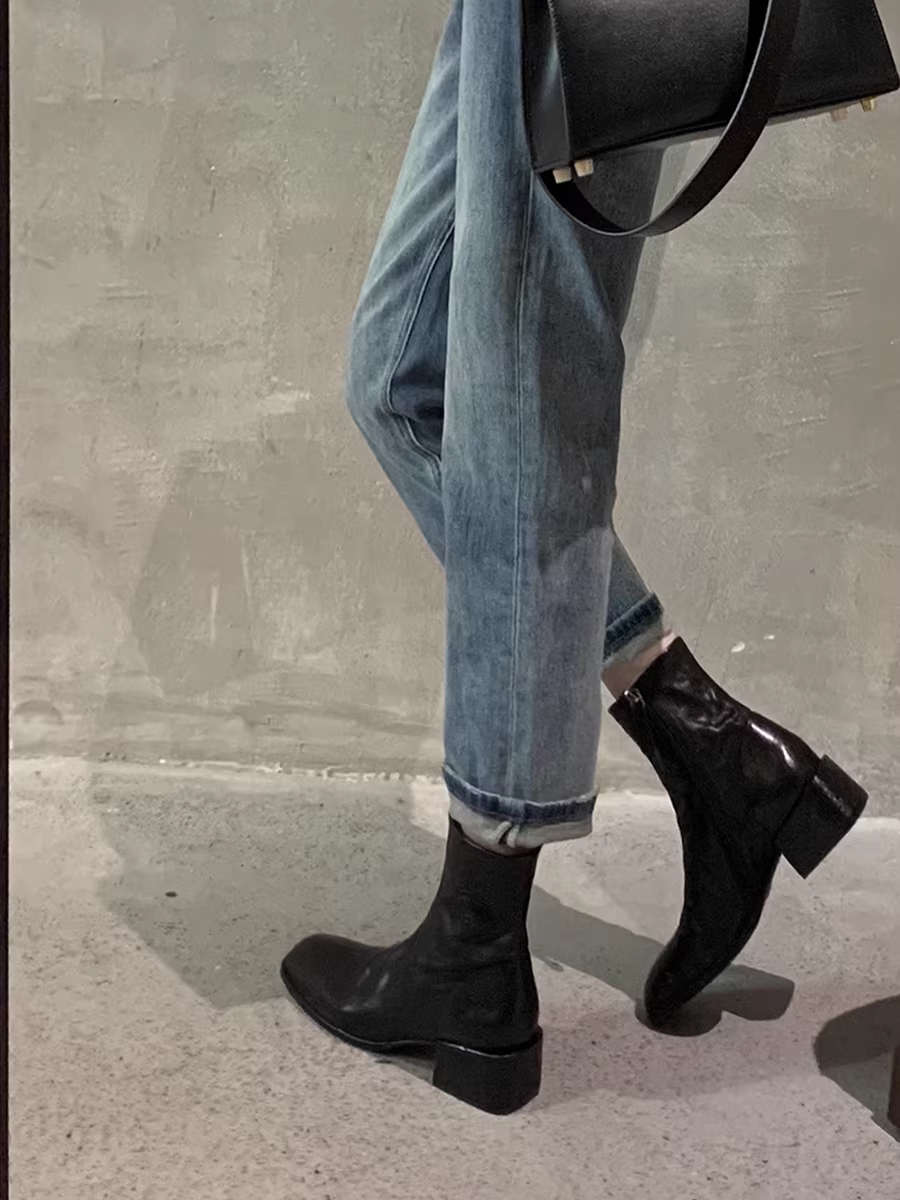 Da bò đã giặt ~ Giày bốt cổ điển mũi vuông bằng da thật dành cho nữ, bốt ngắn có gót dày, bốt cổ ngắn, bốt Martin kiểu Anh giúp thon gọn