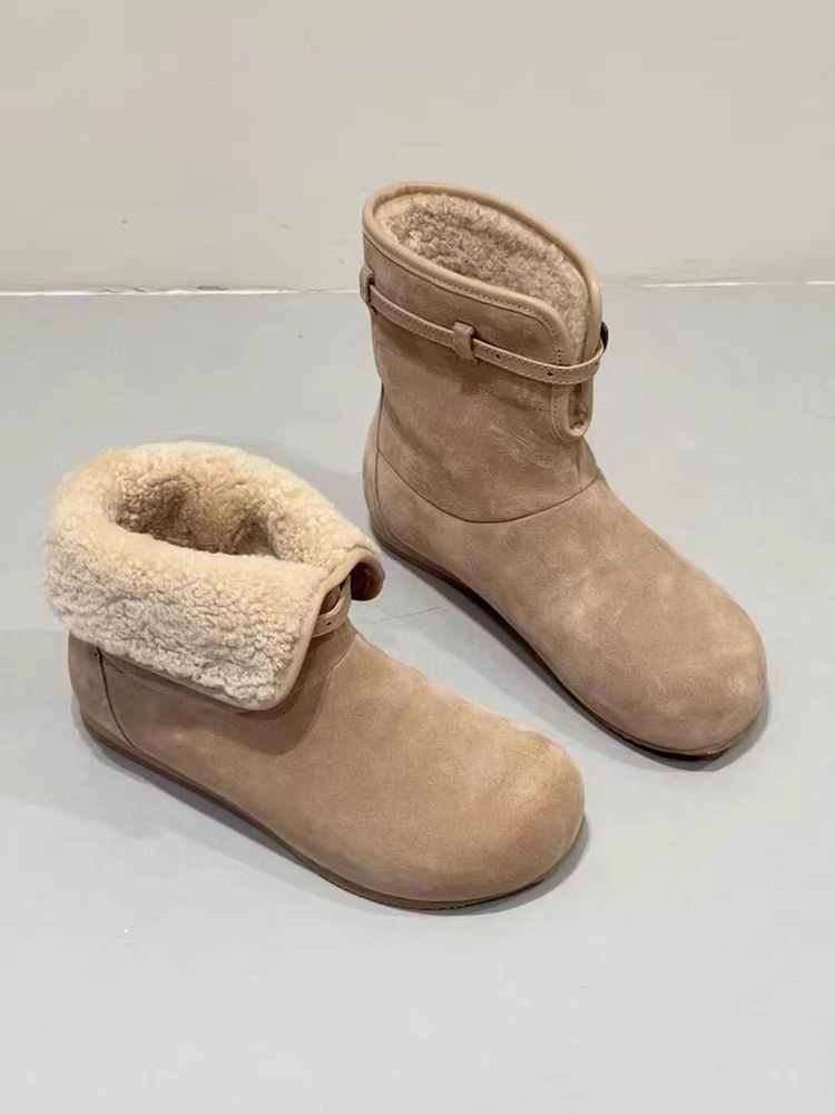 Phiên bản da bò~ Giày bốt Birkenstock hai chiều thời trang và đa năng dành cho nữ, khóa thắt lưng da lộn cổ điển, giày bốt ngắn mũi tròn tăng chiều cao