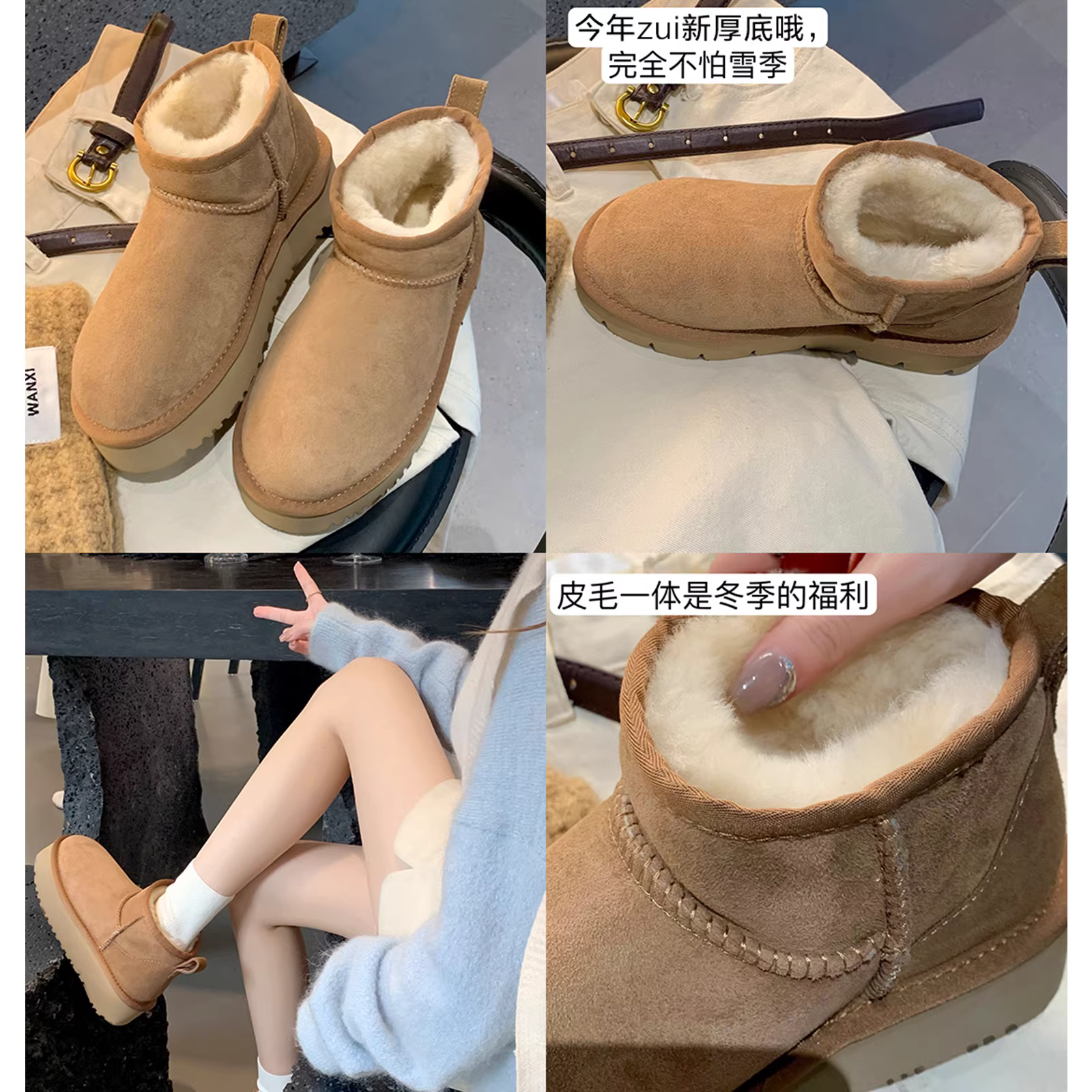 Giày bốt đi tuyết, giày bốt cotton dày dặn lót lông cừu mùa đông dành cho nữ, giày bốt ngắn bằng da thật thời trang có khóa dán, đế dày.