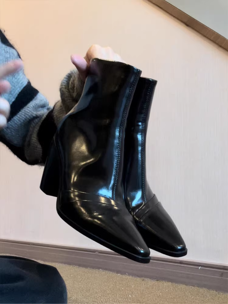 Phiên bản da bò~ Giày bốt cao gót da thật kiểu Pháp thanh lịch dành cho nữ, bốt ngắn cổ điển có khóa kéo phía sau, bốt Chelsea tôn dáng.