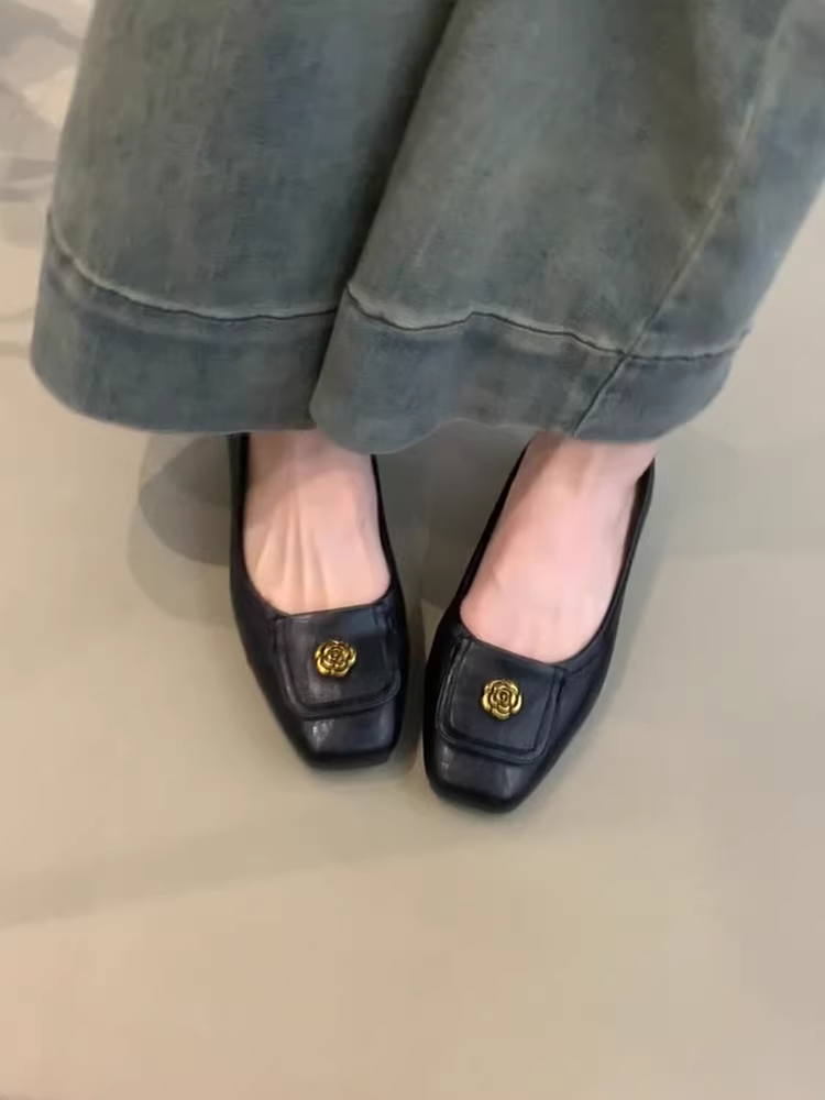 Phiên bản da cừu~ Giày bệt kiểu dáng cổ điển dành cho nữ, mũi vuông, phong cách retro, da thật, giày bệt đa năng.