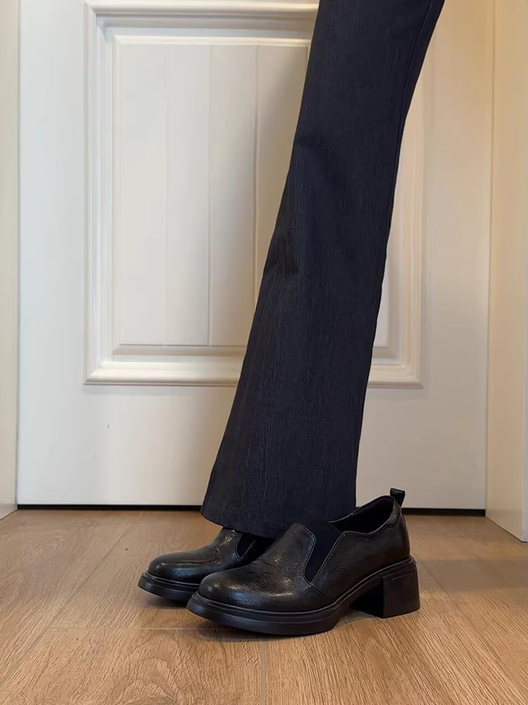 Phiên bản da cừu ~ Giày lười cổ thấp tối giản màu đen đậm dành cho nữ, giày da đế dày kiểu cổ điển có mũi tròn kiểu cổ điển