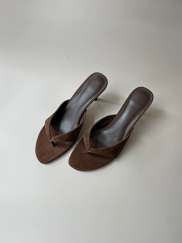 Phiên bản da cừu ~ Giày cao gót phong cách tối giản dành cho nữ, mũi tròn, hở mũi, dép mùa hè, giày cao gót, dép xỏ ngón da thật