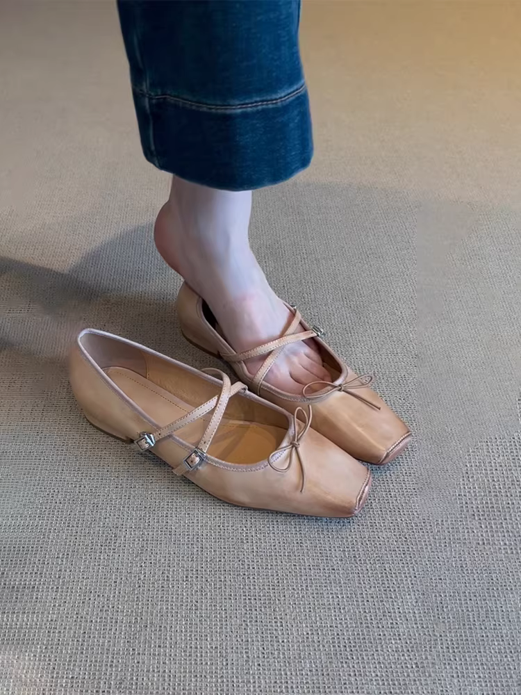 Phiên bản da cừu ~ Giày ba lê da thật có khóa chéo nghệ thuật cổ điển dành cho nữ, mũi vuông, miệng nông, nơ, giày Mary Jane đế bằng