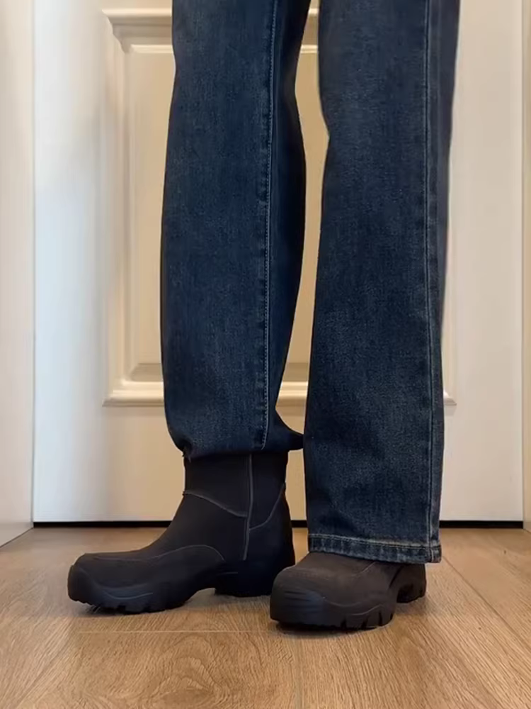 Phiên bản da bò ~ Giày bốt cổ ngắn đế lốp thể thao dành cho nữ, giày bốt Martin đế dày mờ kiểu cổ điển thời trang đơn giản thanh lịch