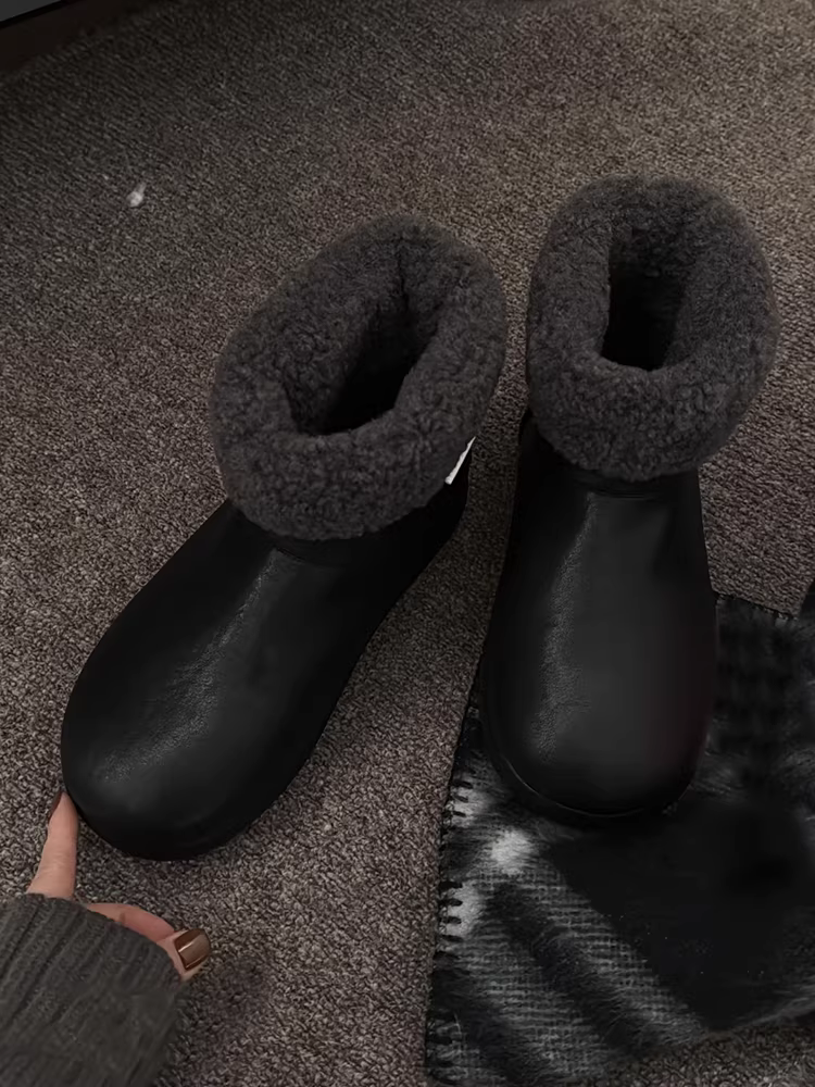 Phiên bản da bò ~ Giày bốt cotton đơn giản, giản dị, da thật cao cấp màu đen cổ điển dành cho nữ, giày bốt đi tuyết đế dày đa năng mũi tròn thời trang