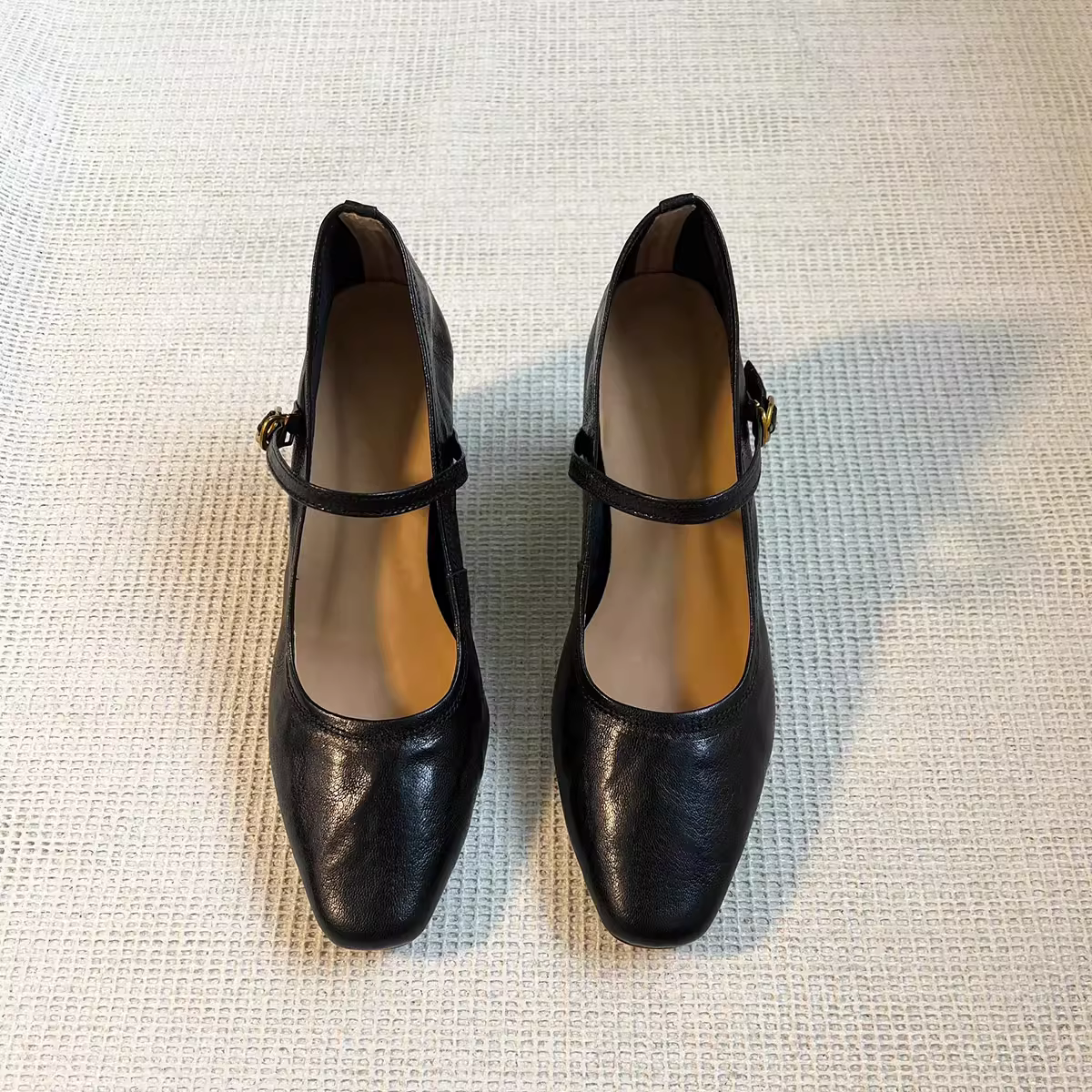 Giày cao gót Mary Jane da cừu kiểu Pháp cổ điển, chất liệu da thật, gót thô, mũi vuông, miệng giày nông, dành cho nữ, thích hợp đi làm