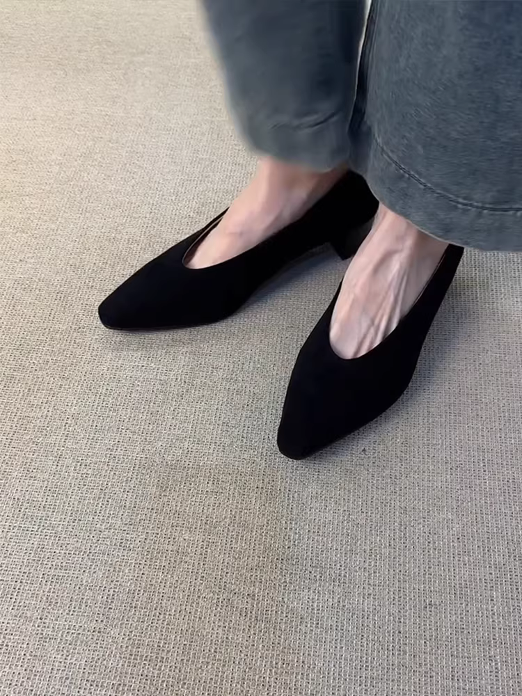 Phiên bản da cừu ~ Giày lười đơn giản bằng da mờ dành cho nữ, kiểu Pháp mũi vuông nông, gót dày cổ điển, kiểu giày bà ngoại