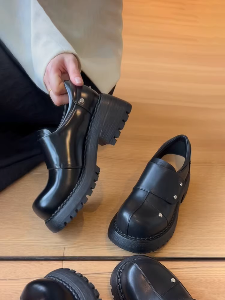 Phiên bản da cừu ~ Giày Derby dành cho nữ, giày lười đế dày cao cấp có khóa dán, giày da nhỏ kiểu Anh