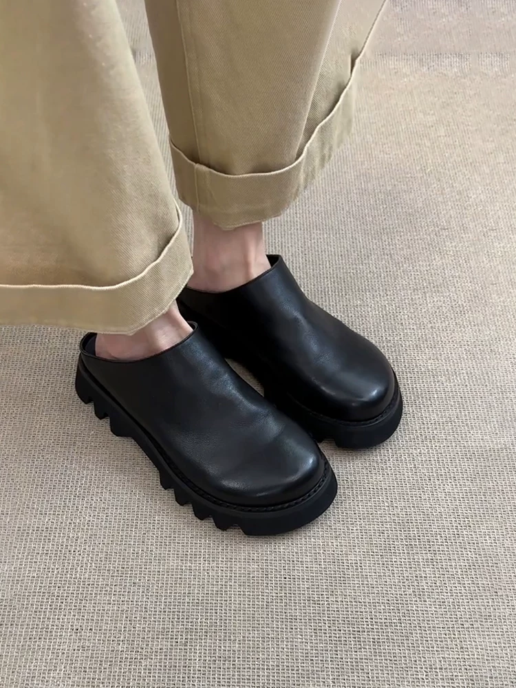 Phiên bản da cừu ~ Giày mule mũi rộng đế dày dành cho nữ, giày Birkenstock kiểu retro bằng da thật dành cho nữ, giày mũi kín kiểu slip-on để đi ngoài trời
