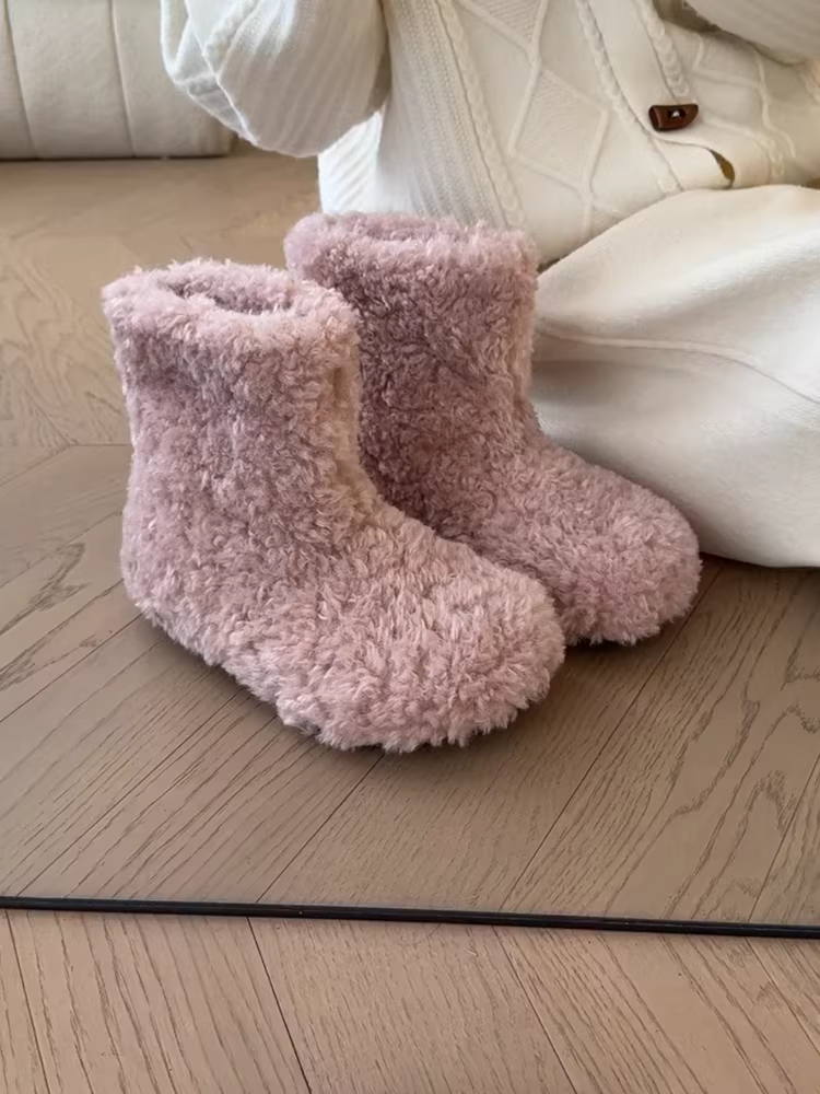 Phiên bản da bò~ Giày bốt đi tuyết len cừu nhẹ nhàng phong cách Hàn Quốc dành cho nữ, đế dày, ấm áp, thời trang mùa đông, giày bốt cotton Birkenstock thông thường