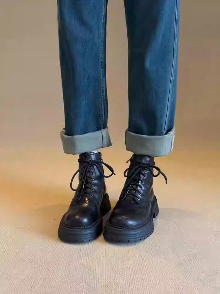 Phiên bản da bò ~ Giày bốt cổ ngắn đế dày, giày bốt Martin da thật chống trơn trượt dành cho nữ, phong cách Anh, khóa kéo bên hông, mũi tròn, giày bốt ngắn đa năng.