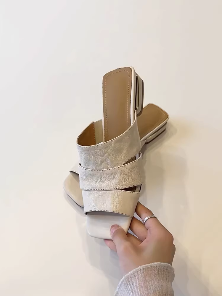 Phiên bản da cừu ~ Dép hở mũi vuông cổ điển đơn giản dành cho nữ, gót dày bằng da thật đa năng, giày lười kiểu La Mã thoải mái