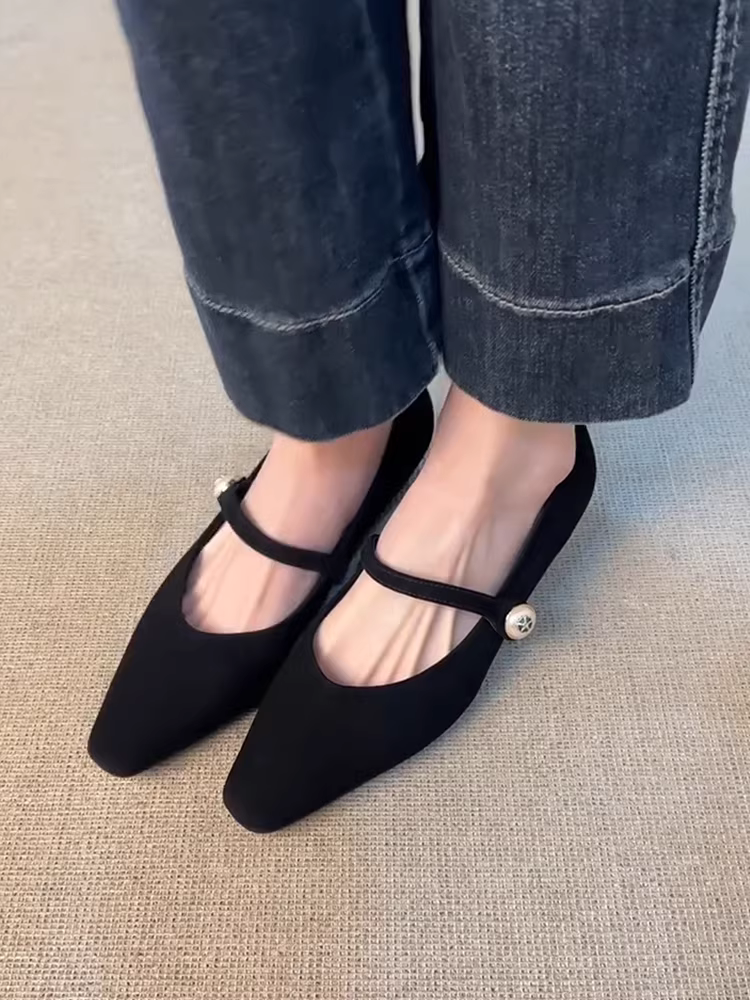 Giày Mary Jane mũi vuông nhỏ kiểu retro bằng da cừu, chất liệu da lộn thật, miệng giày nông, gót dày, phong cách dạ hội, dành cho nữ