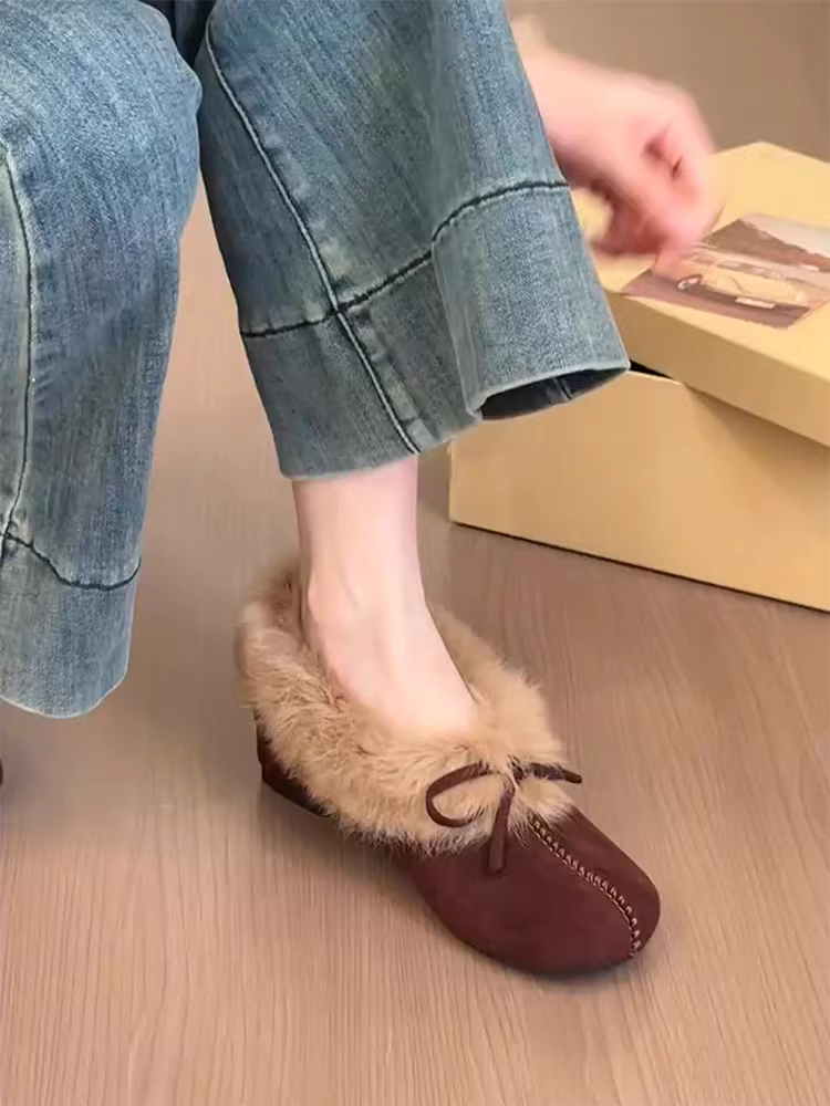 Phiên bản da cừu ~ Giày lông mũi tròn nhẹ nhàng dành cho nữ, kiểu lười có nơ, giày đế bằng lót lông cừu thoải mái, giày cotton đơn giản và thanh lịch.