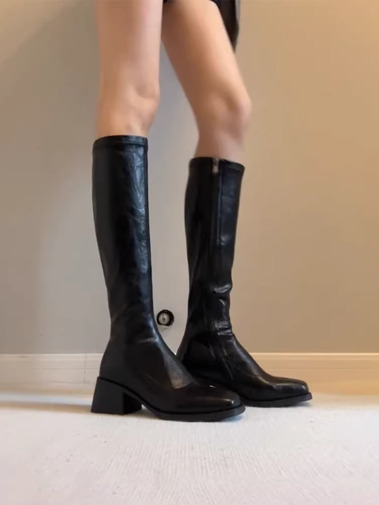 Phiên bản da bò ~ Giày bốt cưỡi ngựa có gót dày đàn hồi giúp thon gọn dáng người dành cho nữ, giày bốt cao quá đầu gối mũi vuông cổ điển bằng da thật có khóa kéo bên hông đa năng