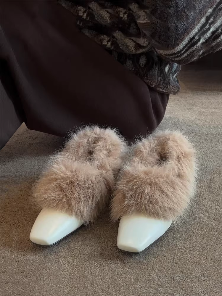 Phiên bản da bò~ Giày lười mũi vuông kiểu Pháp nhẹ nhàng và thanh lịch dành cho nữ, mùa thu đông, giày cotton lông mềm mại thanh lịch.