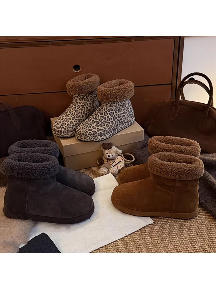 Phiên bản da bò ~ Giày bốt cotton lót lông cừu dày dặn giữ ấm mùa đông dành cho nữ, kiểu dáng hai kiểu, giày đi tuyết cổ điển theo phong cách Hàn Quốc