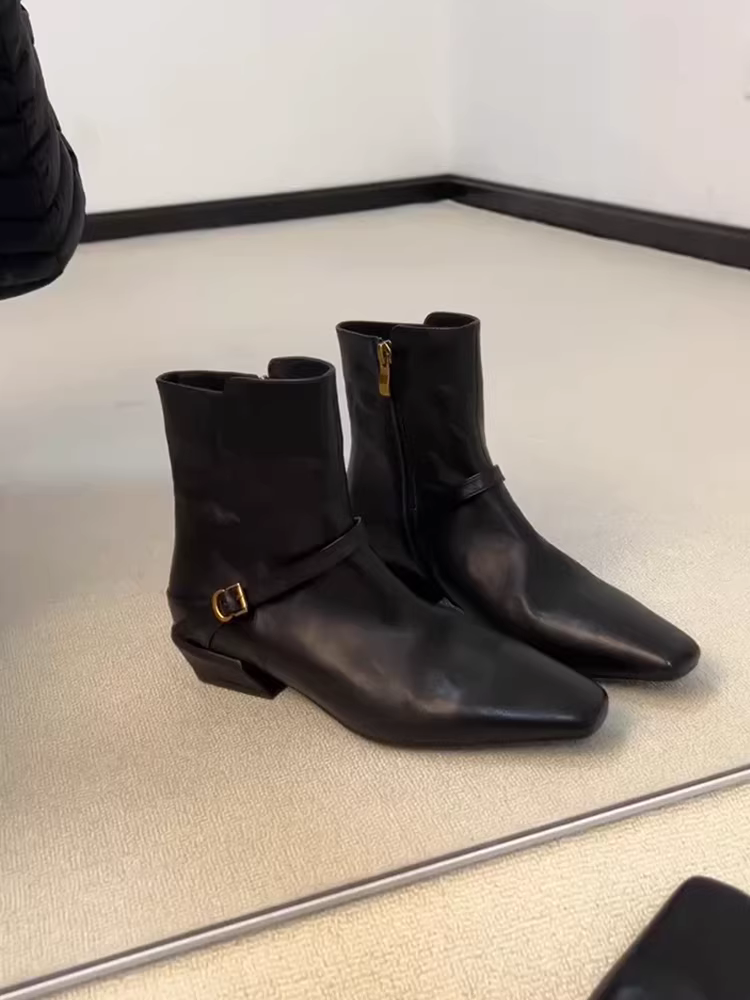 Phiên bản da cừu ~ Giày bốt ngắn mũi vuông có gót dày dành cho nữ, thanh lịch và thời trang, có khóa kéo bên hông, giúp thon gọn, giày bốt thời trang đi làm